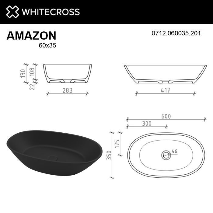 Умывальник WHITECROSS Amazon 60x35 (черный мат) иск. камень