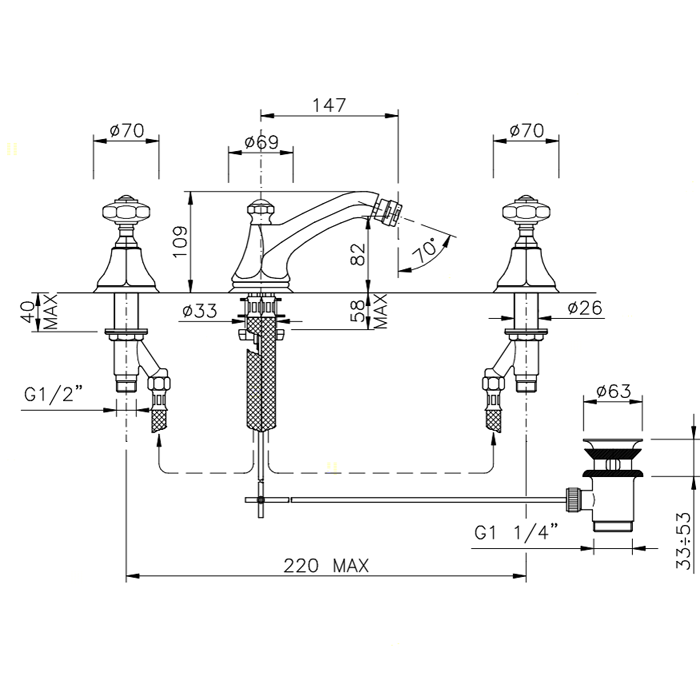 Nicolazzi Teide Смеситель для биде на 3 отверствия, излив: 147 мм, ручки Crystal handle, цвет: хром
