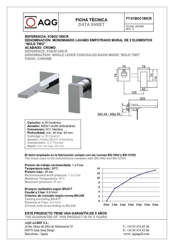 AQG Bold, встраиваемый в стену однорычажный смеситель для раковины (излив 20,3 см), цвет хром