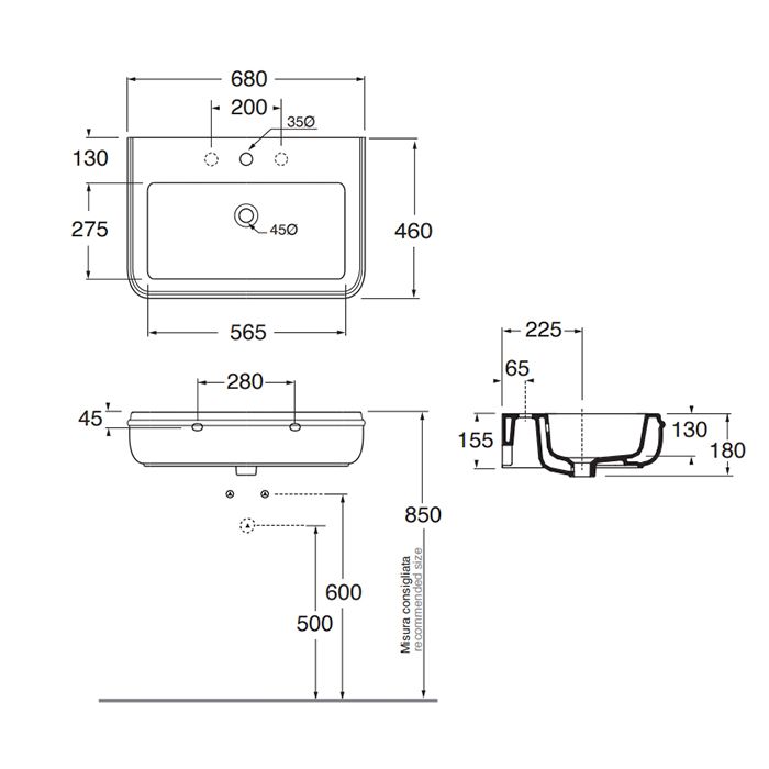 AZZURRA CHARME раковина подвесная 68х46см, с 3отв для смесителя, цвет белый