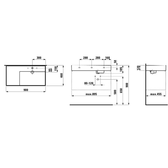 Laufen Kartell Раковина 900х460х120мм без перелива, с 3 отв. под смеситель, со скр сливом, полка слева, с покр. LLC, цвет: белый