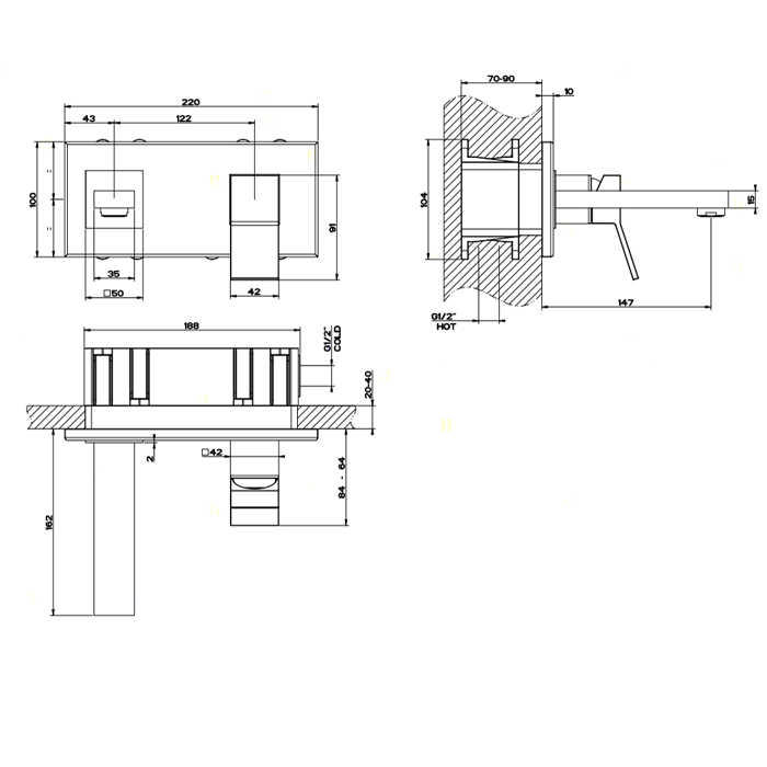 Gessi Rettangolo K Встраиваемый однорычажный смеситель для раковины, излив 147мм(внешние части), цвет: хром