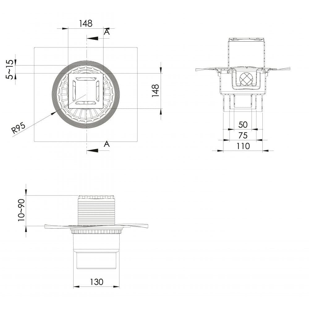 Трап BERGES водосток ZENTRUM Norma 150х150, хром глянец, выпуск D50/75/110 H74 вертикальный