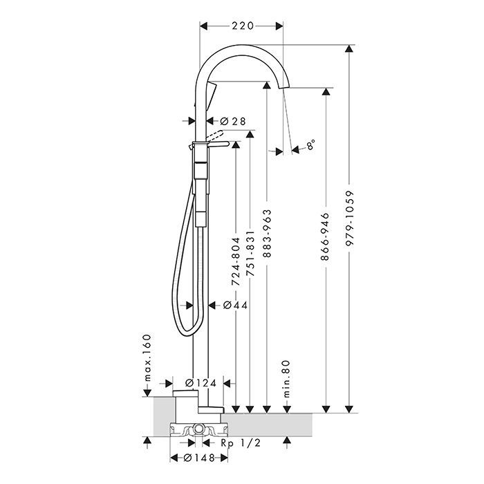 AX One Смеситель для ванны, напольный, цвет сталь AX One Смеситель для ванны, напольный, цвет сталь