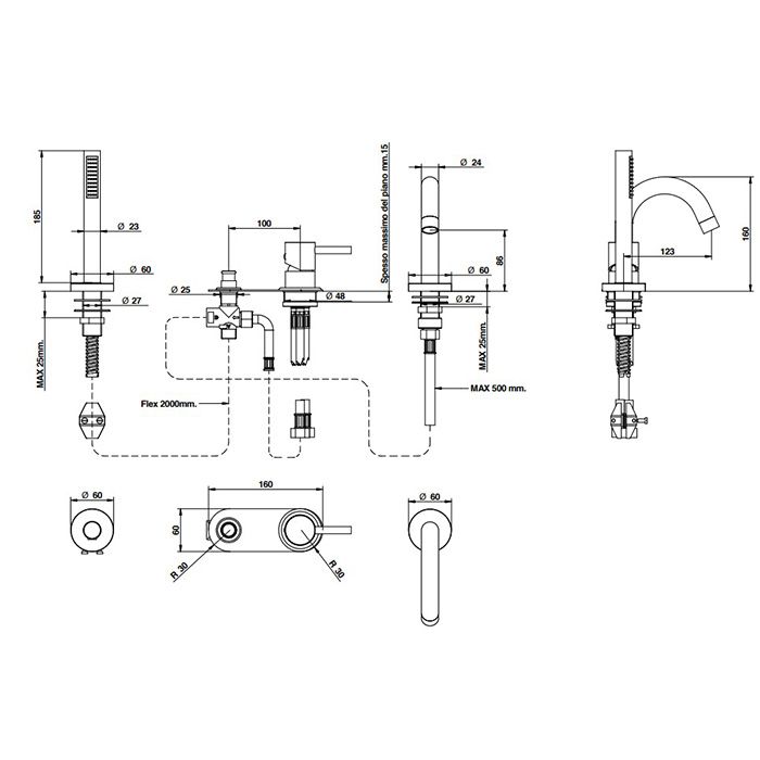 Bongio T Mix Смеситель для ванны на три отверстия, устанавливаемый на борт , с душевой лейкой , цвет хром