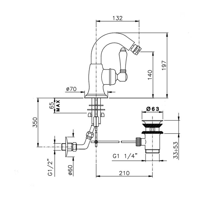 Nicolazzi P.m. Blanc Смеситель для биде, на 1 отв, с донным клапаном, излив: 132 мм, ручки белая керамика, цвет: Bronze Plated, артикул 3455BZ76C