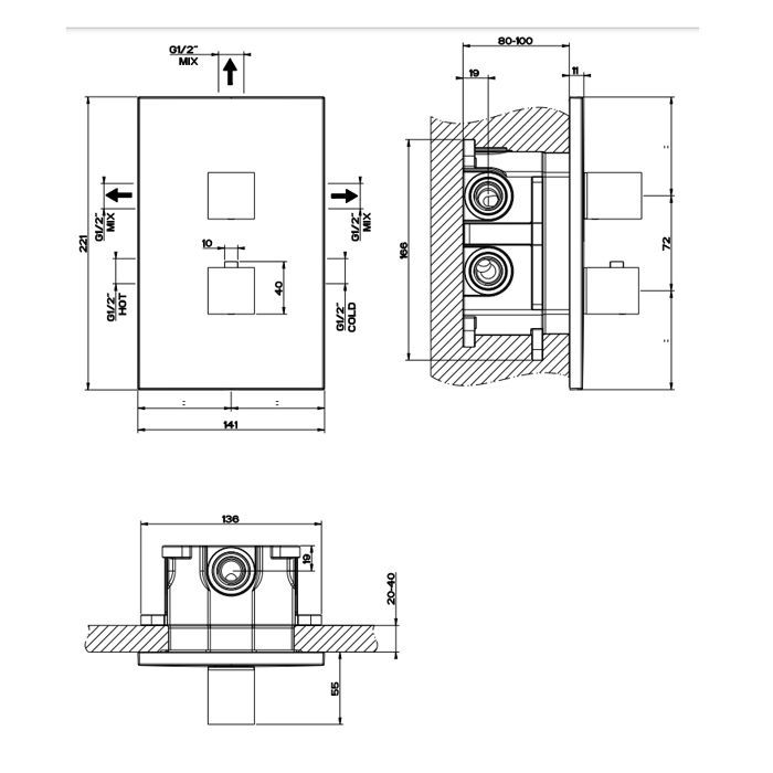 Gessi Rettangolo Встраиваемый термостат, подключение на 3/4”, с переключателем на 3 выхода(внешние части), цвет: черный
