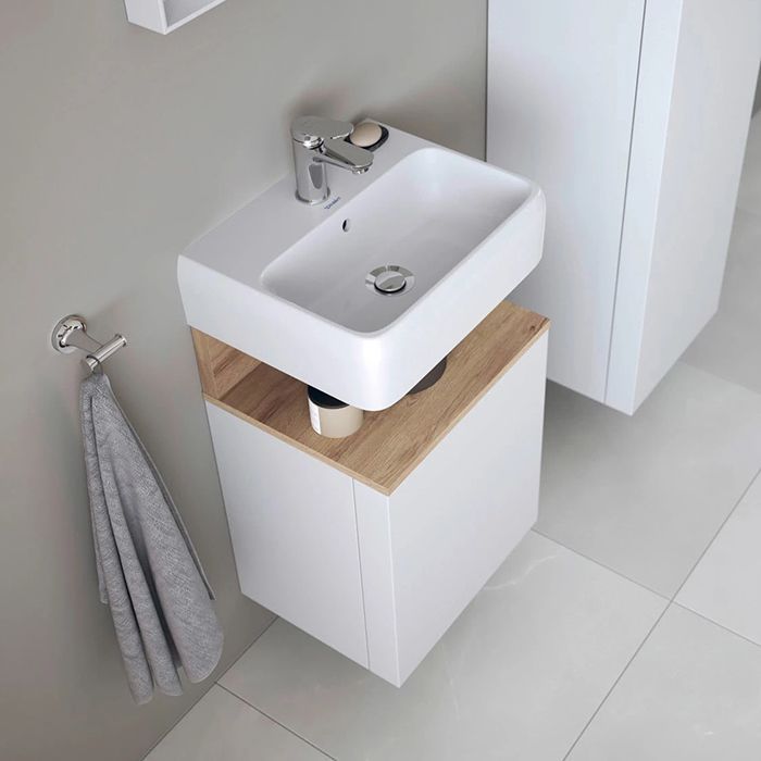 Раковина, Duravit, Qatego, ширина, мм-450, глубина, мм-350, высота, мм-145, тип установки-подвесной, отверстия для смесителя-1, с переливом, материал-фарфор, цвет-белый