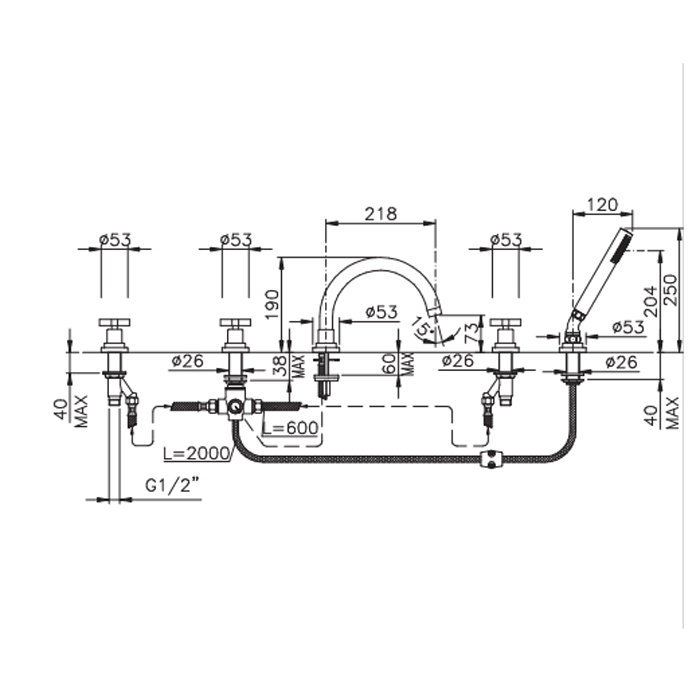 Nicolazzi M.Croce Смеситель на борт ванны  на 5 отверстий, с ручным душем, излив:  цвет: 218мм, хром