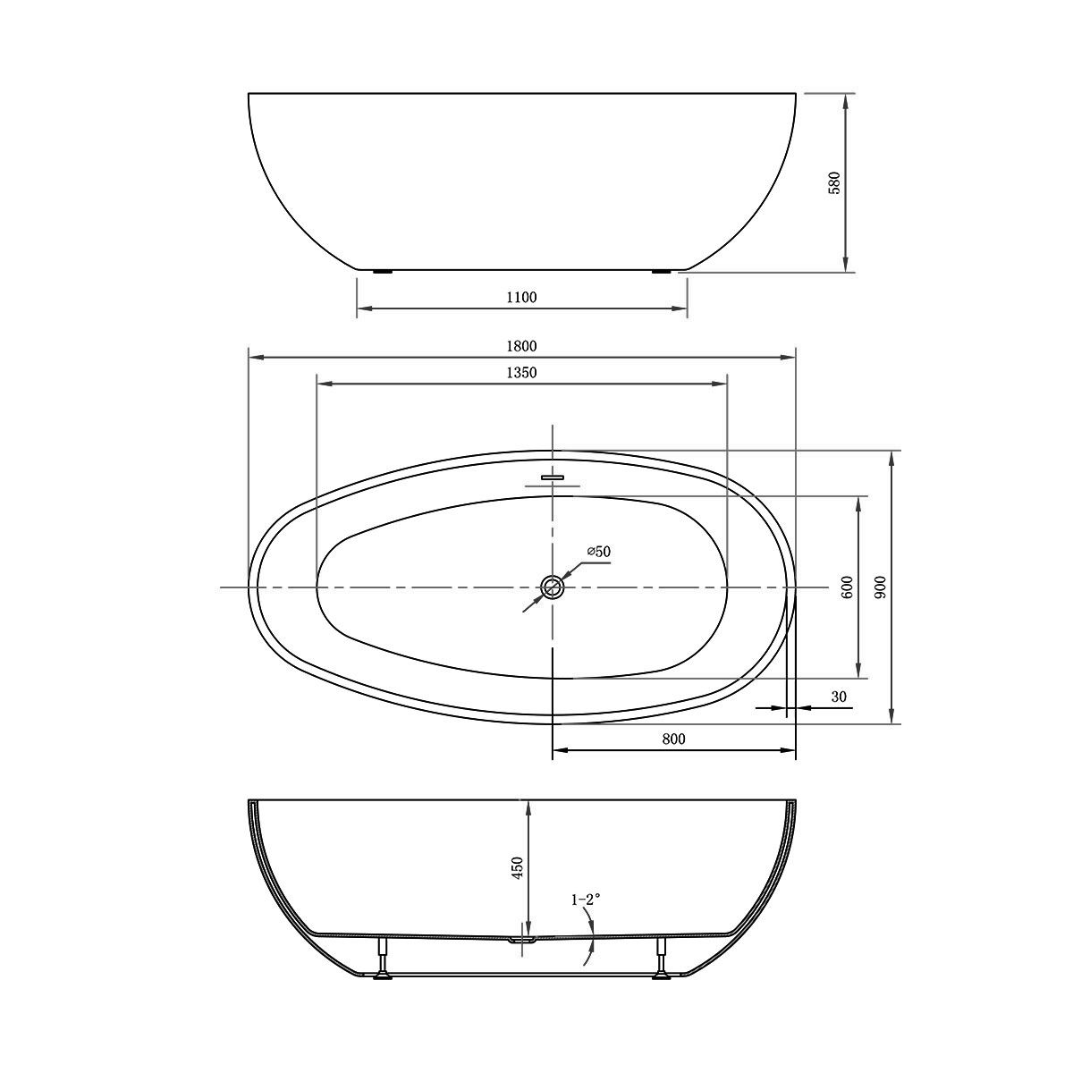 Ванна акриловая Vincea VBT-422-1800, 1800*900*580, цвет белый, слив-перелив в комплекте, хром