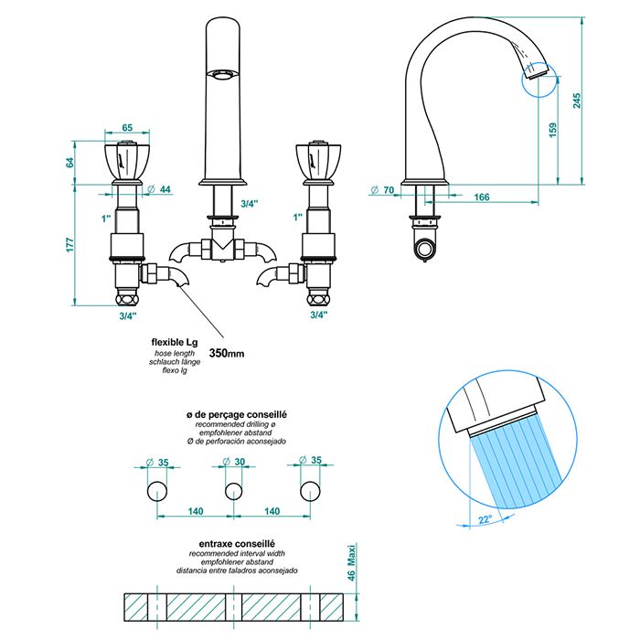 THG PETALE DE CRISTAL ROUGE Смеситель на борт ванны на 3 отверстия, без ручного душа, цвет полированное золото