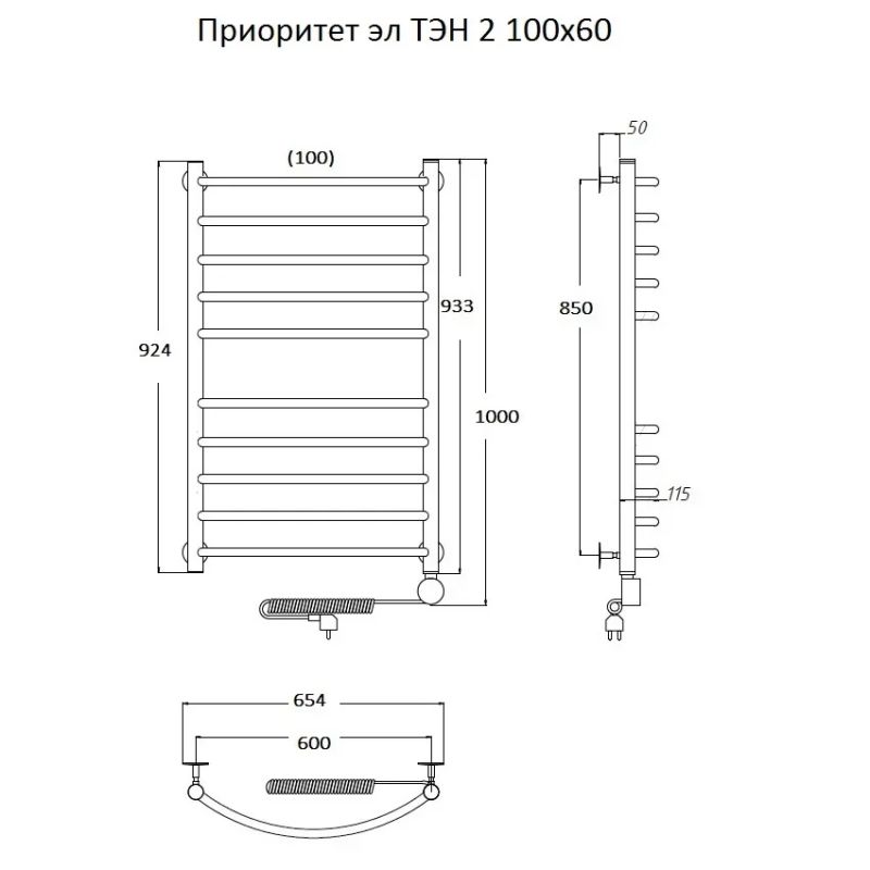 Электрический полотенцесушитель Тругор Приоритет 2 элТЭН 100x60 Хром