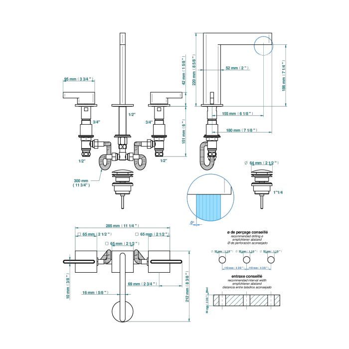 THG ICON-X CARBONE GOLD A MANETTES Смеситель для раковины на 3 отверстия, с донным клапаном, цвет полированное золото