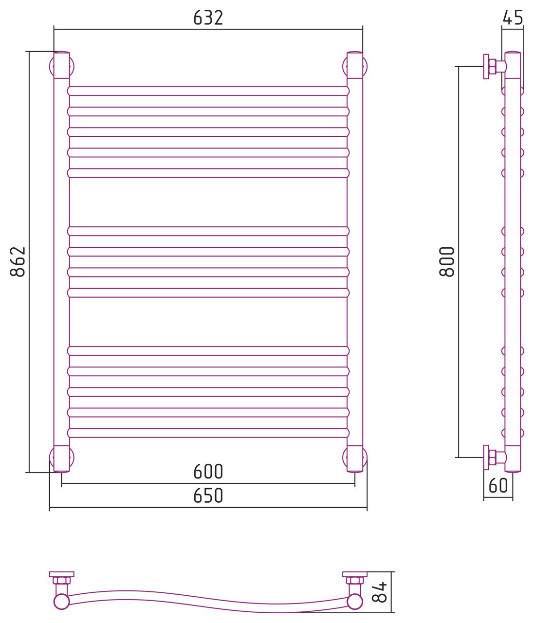 Полотенцесушитель водяной "ФЛЮИД+" 800х600 (Матовый Чёрный)
