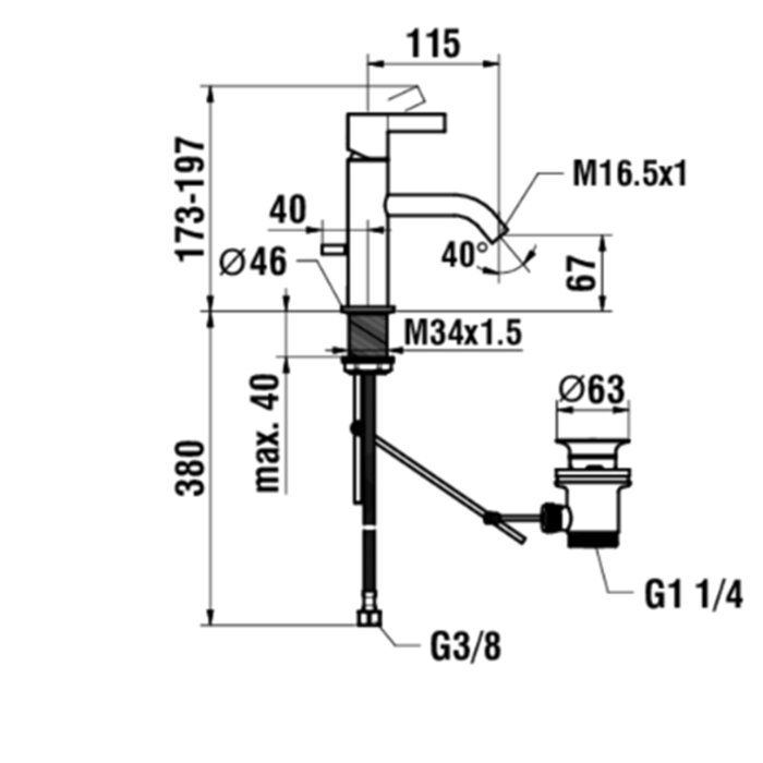 Смеситель для раковины, Laufen, Kartell by, тип открывания воды-рычажный, монтаж-горизонтальный (на раковину/столешницу), отверстия для монтажа-1, высота, мм-173, вынос излива, мм-115