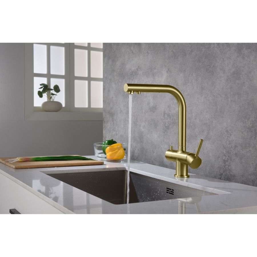 Смеситель для кухни с подключением фильтра и выдвижной лейкой Timo Saona 2356/17FL золото матовое, артикул 2356/17FL