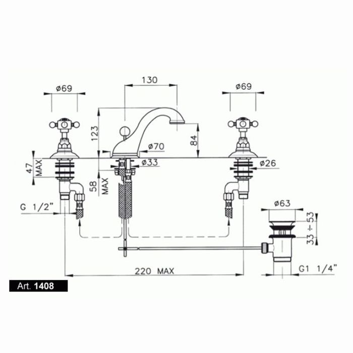 Nicolazzi P.M.Blanc Смеситель для раковины, на 3 отверстия, с донным клапаном, излив 130мм, цвет: хром