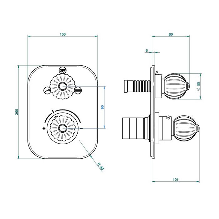 THG MANDARINE METAL Смеситель для душа встраиваемый, термостатический, с переключателем на 2 положения,  внешняя часть, цвет хром/золото