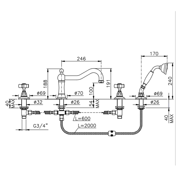 Nicolazzi Dames Anglaises Смеситель для ванны на 4 отверстия, изливом 246мм и ручным душем, цвет: хром