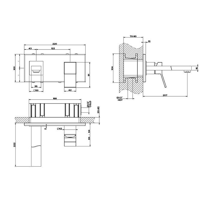 Gessi Rettangolo K Встраиваемый однорычажный смеситель для раковины, излив 201мм(внешние части), цвет: черный