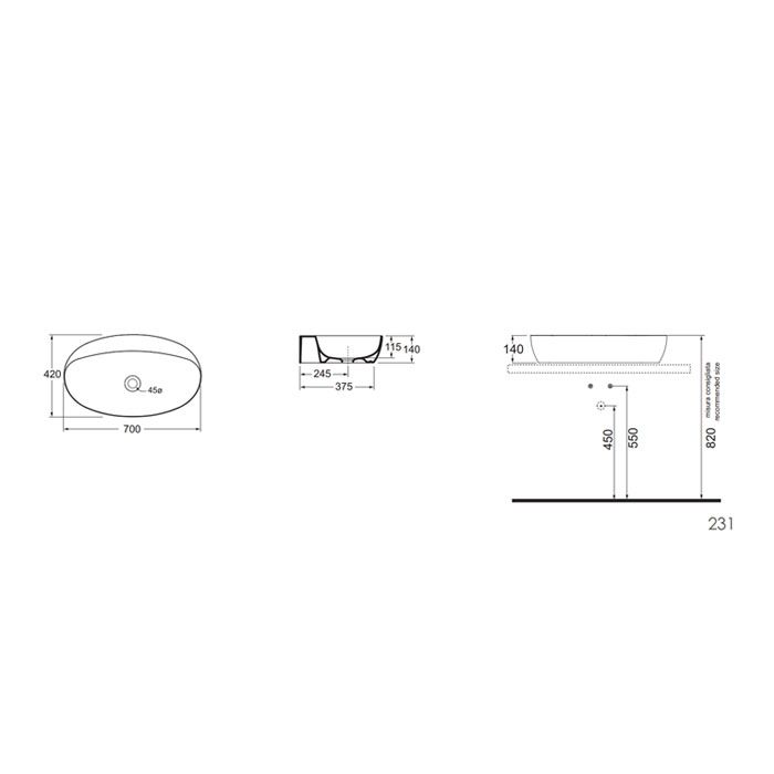 AZZURRA ELEGANCE CIRCLE  раковина накладная 70х42см без отв. под смеситель , цвет белый