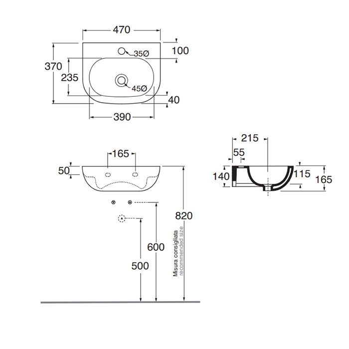 AZZURRA NUVOLA Раковина без отв под смеситель 47х37см, цвет белый (без отв по запросу)