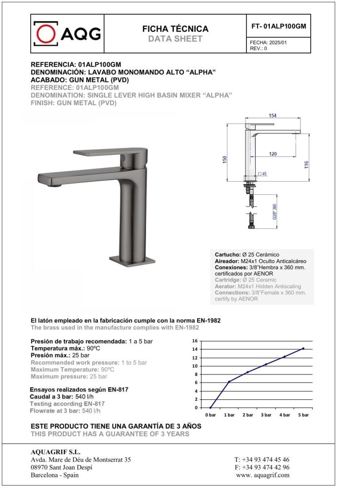 AQG Alpha, однорычажный смеситель для раковины без донного клапана, цвет оружейная сталь (PVD), артикул 01ALP100GM