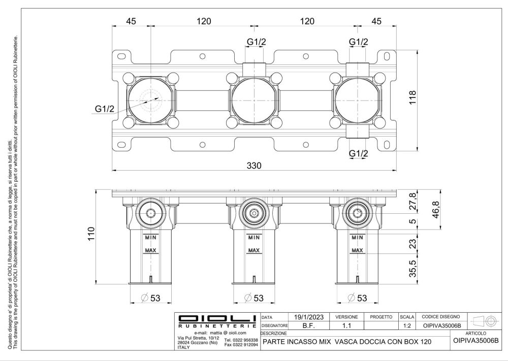Oioli, внутренняя часть с боксом к встраиваемому в стену смесителю для ванны на 2 потребителя с набором для душа, артикул OIPIVA35006B