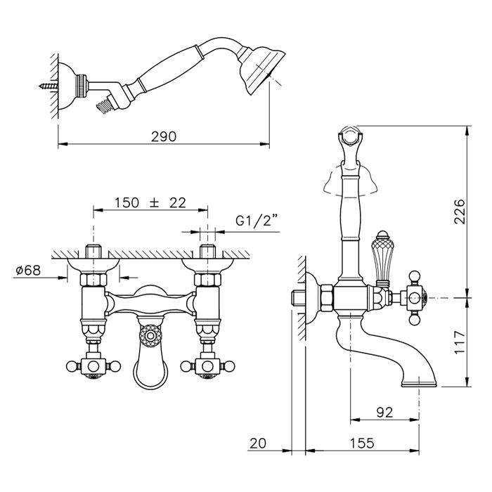 Nicolazzi Petit Mont Blanc Смеситель для ванны с душем duplex настенный на 2 отверстия, излив: 155 мм, цвет: Bronze Plated Nicolazzi Petit Mont Blanc Смеситель для ванны с душем duplex настенный на 2 отверстия, излив: 155 мм, цвет: Bronze Plated