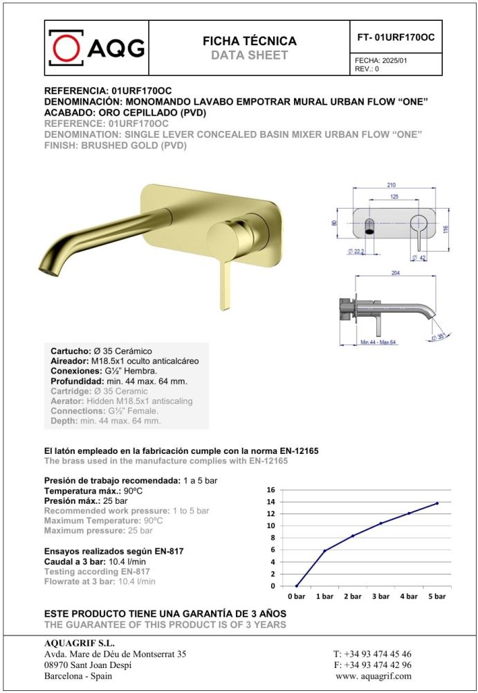 AQG Urban Flow One, встраиваемый в стену однорычажный смеситель для раковины, цвет матовое золото (PVD), артикул 01URF170OC