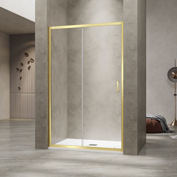 Душевая раздвижная дверь-купе в нишу PA-114Gb профиль золото браш (Прозрачное, 1600)