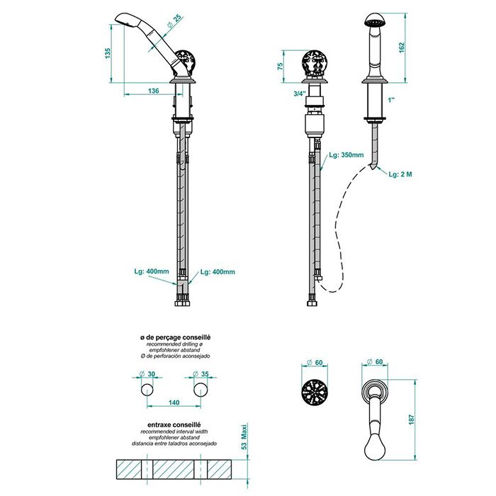 THG FLORE Смеситель на борт ванны на 2 отверстия, прогрессивный, с ручным душем, цвет хром
