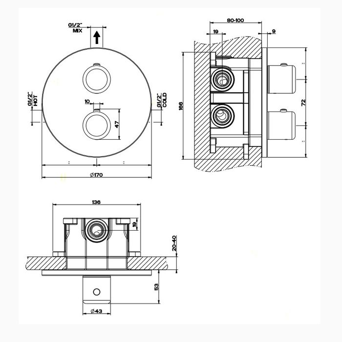 Gessi Goccia Встраиваемый термостат, подключение на 3/4”(внешние части), цвет: хром