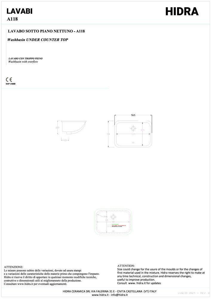 Hidra Lavabi, подстольная прямоугольная раковина 55x40x20h см, цвет белый глянцевый, артикул A118/001