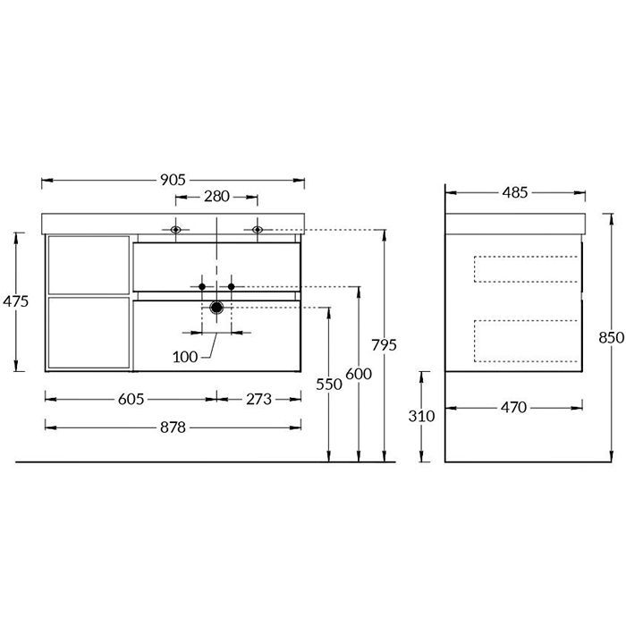 Тумба CUBO правая подвесная с ящиками 90, лимо матовая- структ.орех, артикул CUB.90.2Rh\LIM.N