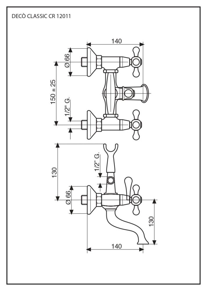 Emmevi Deco Classic, двухвентильный смеситель для ванны (излив 14 см), с набором для душа, цвет хром