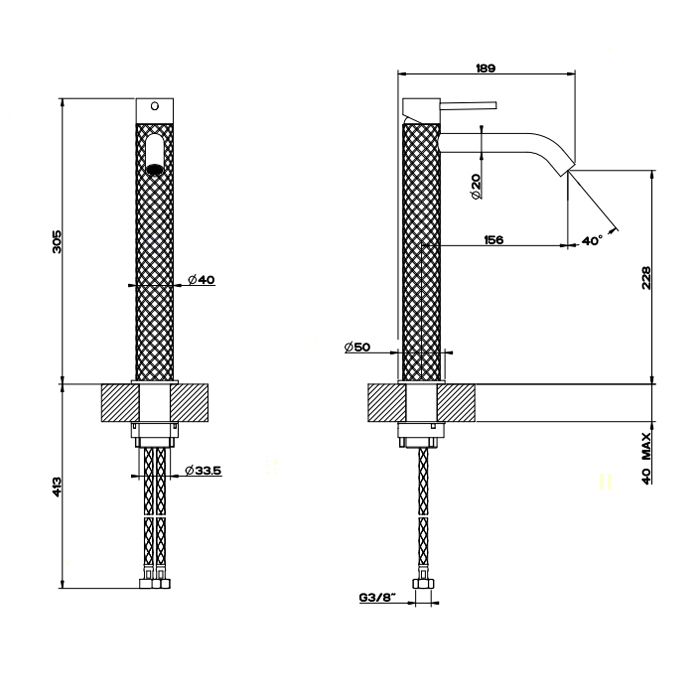 GESSI 316 Смеситель для раковины на 1 отверстие высокий, без донного клапана, h=305мм , излив 123мм, цвет: steel brushed