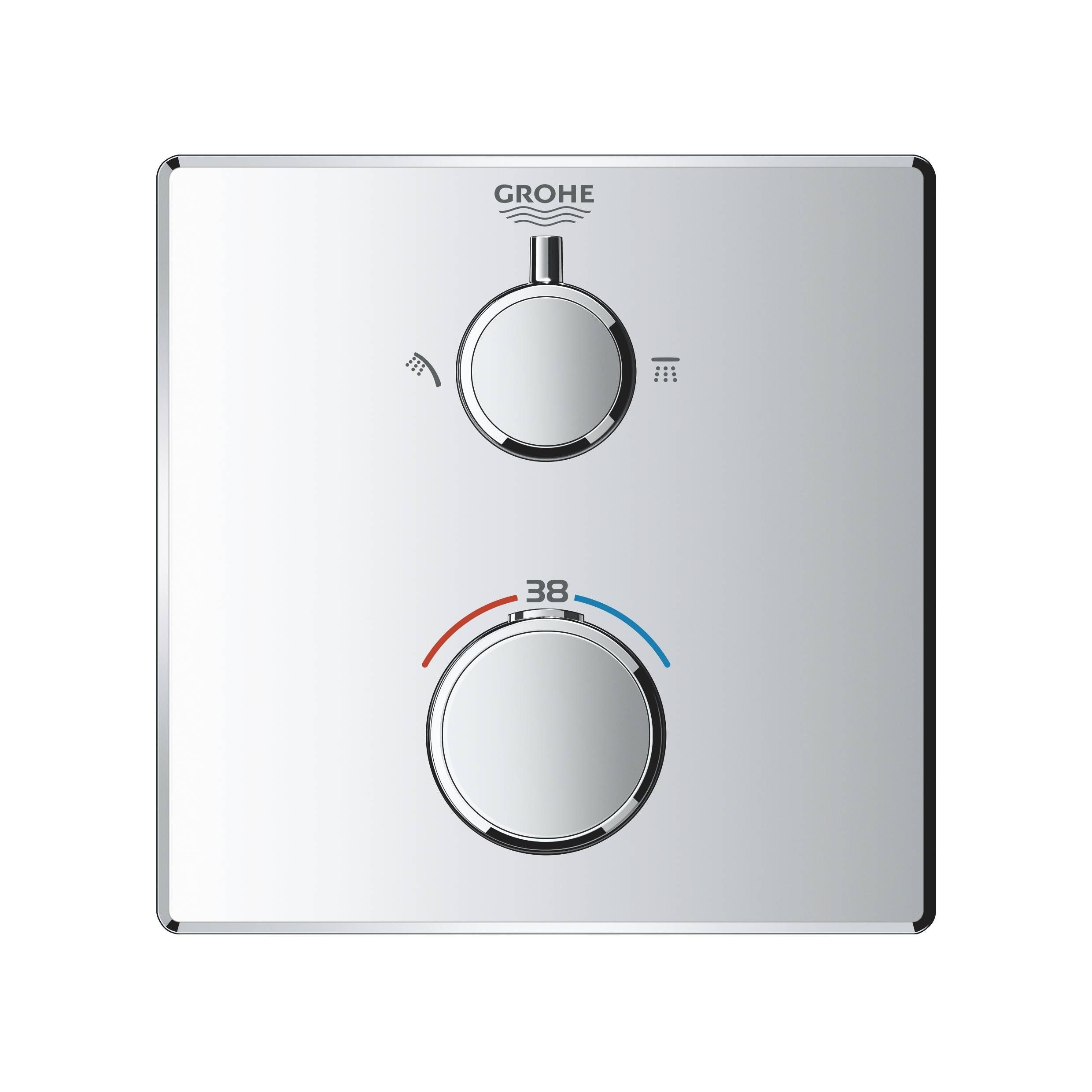 Термостатический смеситель для душа GROHE Grohtherm с переключателем на 2 положения верхний-ручной душ, внешняя часть, квадратная розетка, хром (24079000) Термостатический смеситель для душа GROHE Grohtherm с переключателем на 2 положения верхний-ручной душ, внешняя часть, квадратная розетка, хром (24079000)
