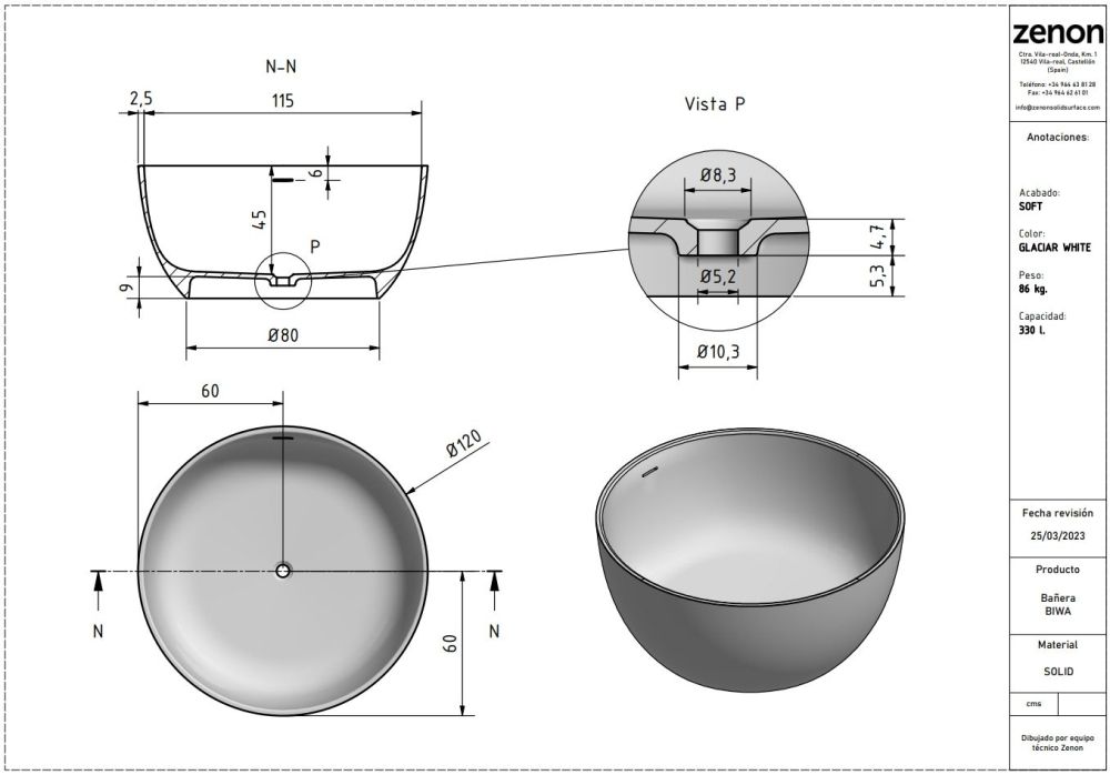 Zenon Biwa, круглая ванна из искусственного камня Solid Surface, Ø120xh55 см, цвет белый матовый, артикул 4000.000.000.000.31739