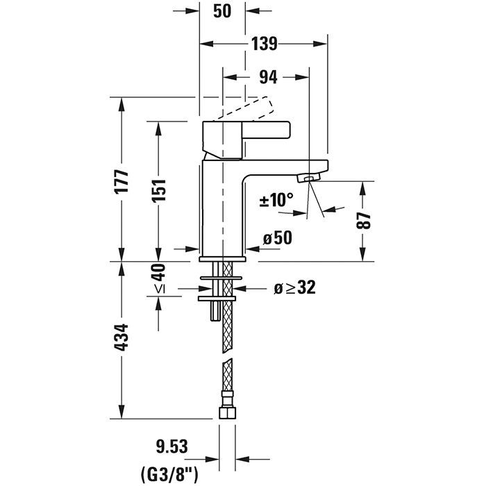 Duravit D-Neo Смеситель для раковины на 1 отв., без донного клапана, h=151мм, излив 94мм, EcoStart цвет: хром