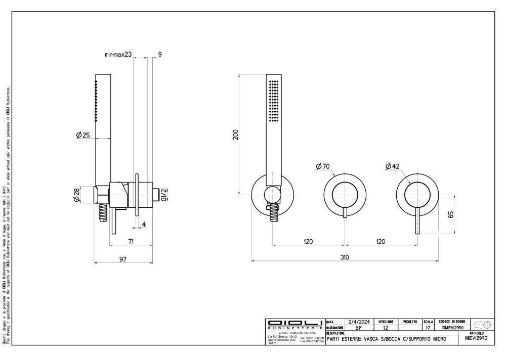 Oioli Micro, встр. в стену смеситель для ванны, с набором для душа и без излива и вн/ч OIPIVA35006B, цвет брашированное золото