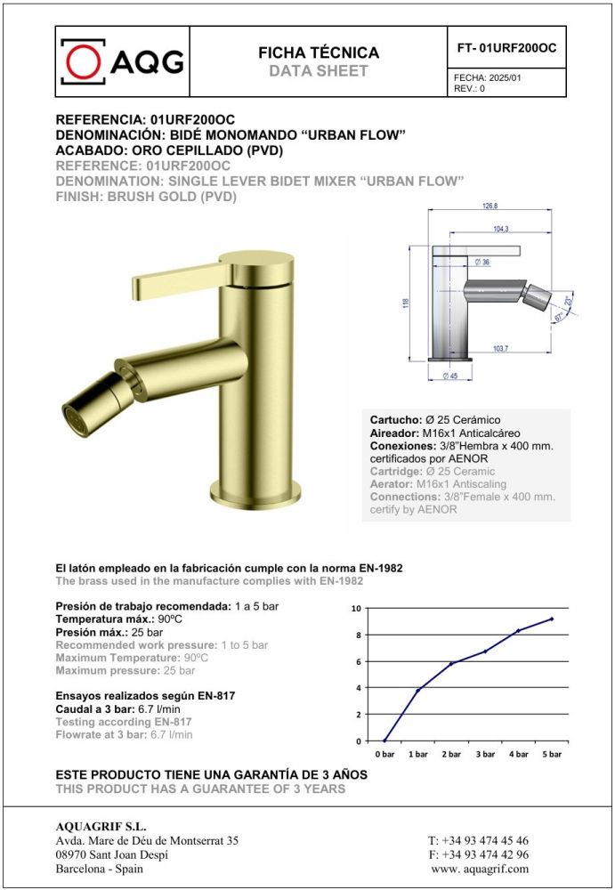 AQG Urban Flow, однорычажный смеситель для биде без донного клапана, цвет матовое золото (PVD)