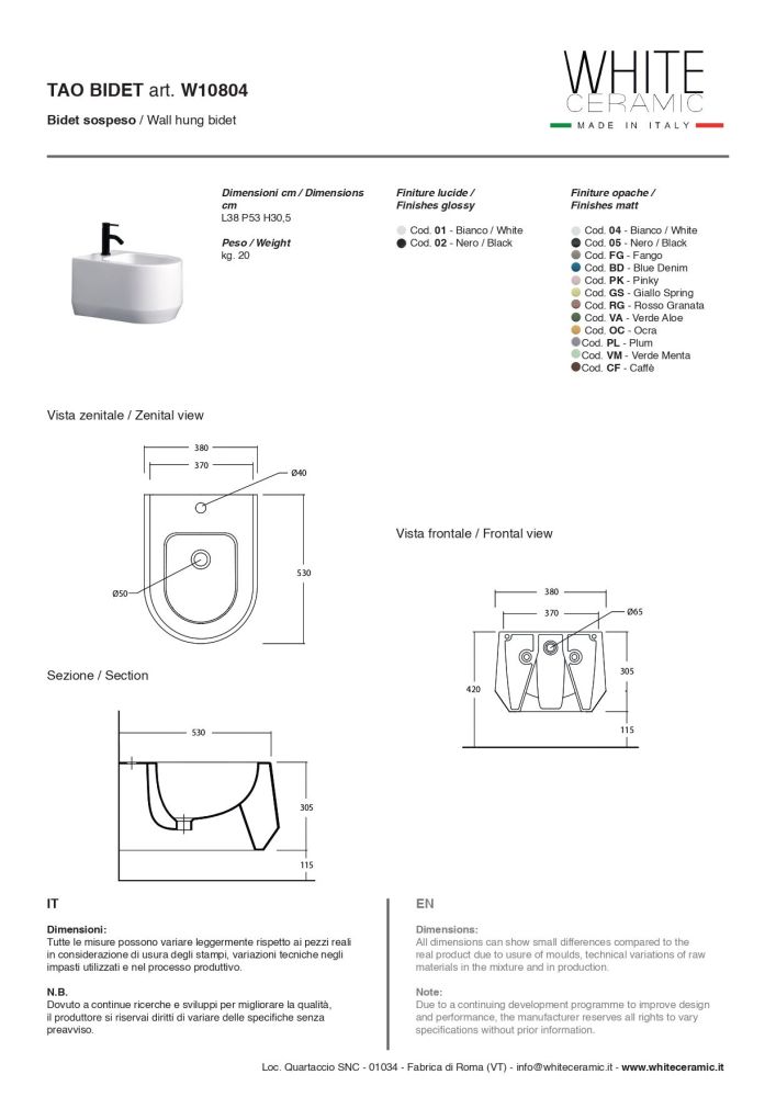 White Ceramic Tao, подвесное биде c крепежом, 53x38x30,5h см, цвет белый глянцевый, артикул W1080401