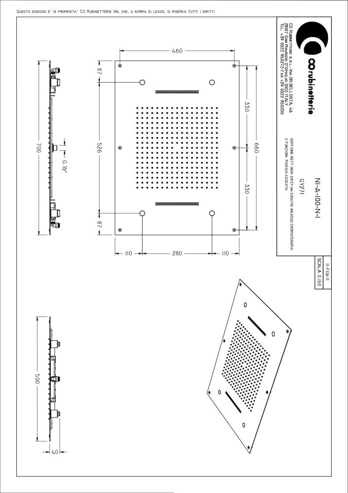 Graffio Gipzy, прямоугольная  душевая головка 70х50 см  с 7 цветной LED подсветкой и 2 режимами: дождь, 2 каскадные струи, цвет хром