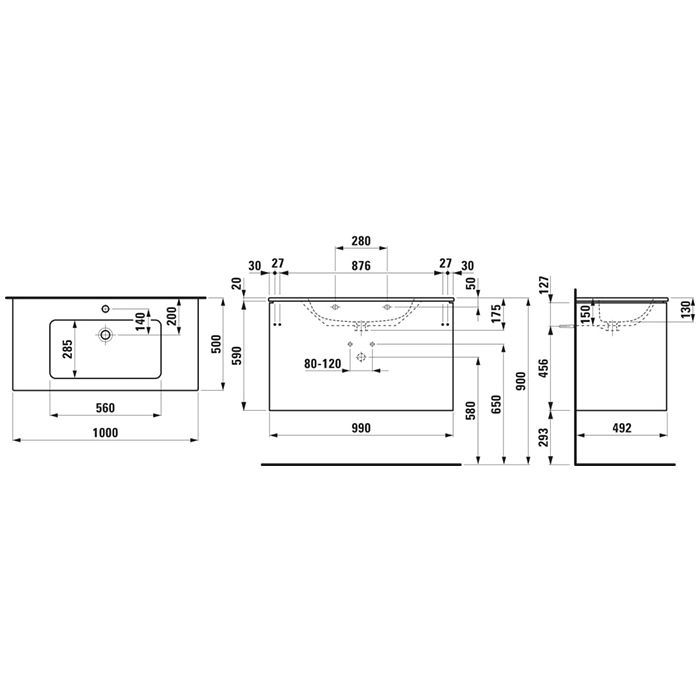 Laufen Pro S Комплект, раковина и база 1000х500х610 мм, с 1 отв под смеситель,с 2 ящиками с мех. push-and-pull, белый матовый