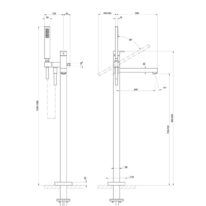 Gessi Rettangolo Напольный смеситель для ванны (внешняя часть), с ручным душем и изливом, цвет: Black XL