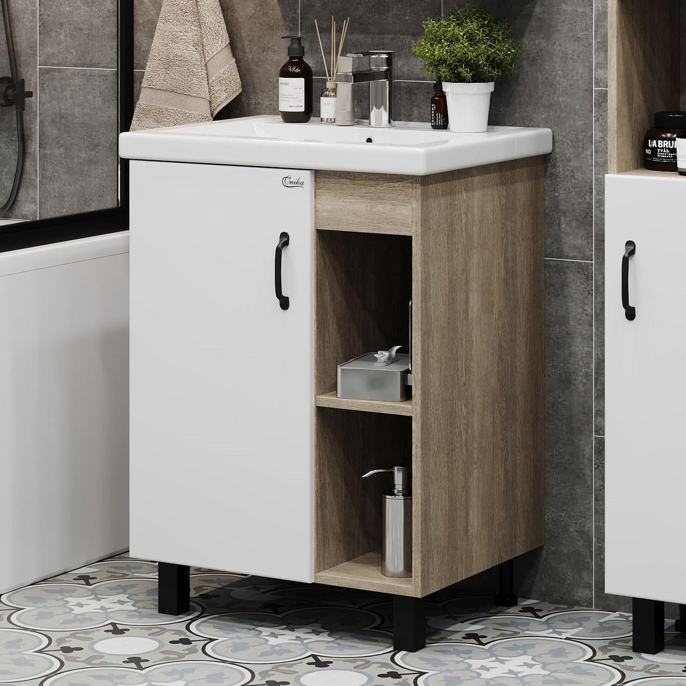 Тумба Onika Тимбер 60 напольная, белая мат./дуб сонома (ум. Como 60)