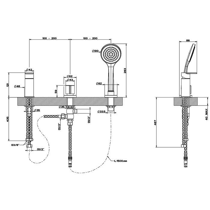 Gessi Emporio Via manzoni Смеситель для ванны на 3 отверстия наполнение через слив-перелив, лейка, цвет: Chrome