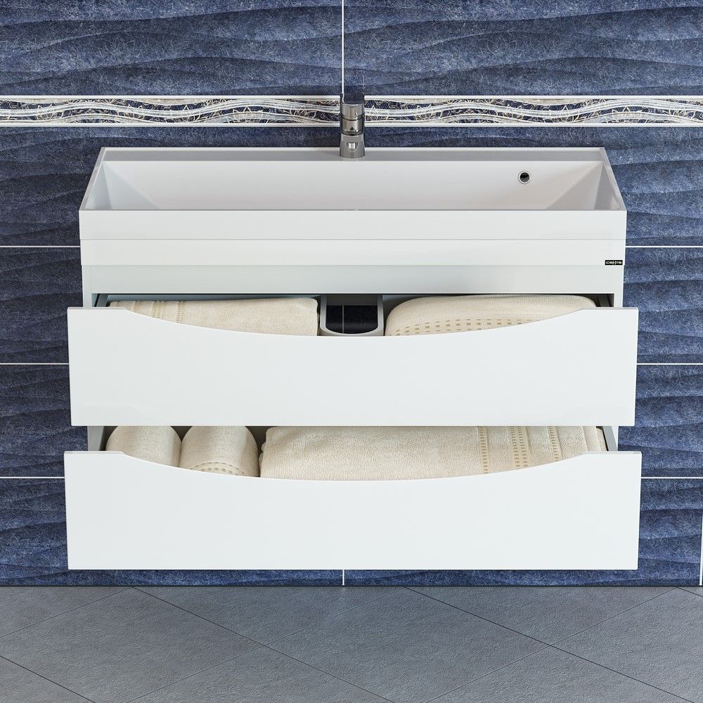 Тумба под раковину Санта Сатурн 100 см, 700273, 2 ящика, подвесная, белый (ум. Classic 100 литой мрамор)