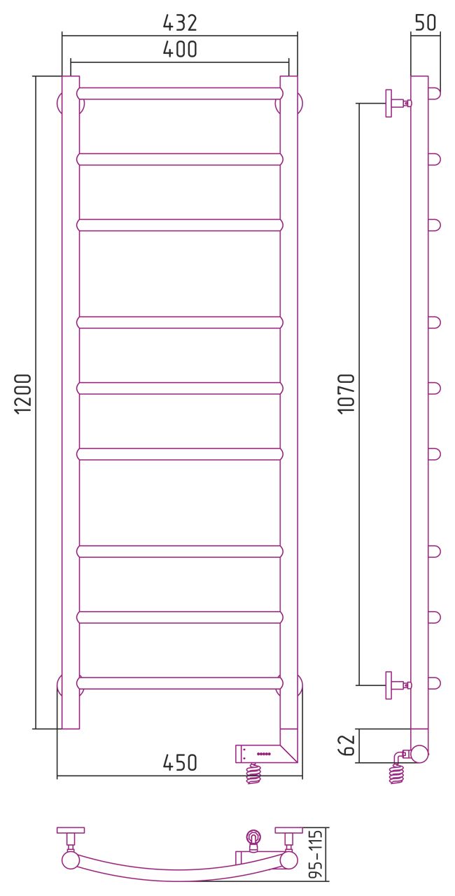 Полотенцесушитель электрический "ГАЛАНТ 2.0" 1200х400 / МЭМ правый (Матовый Чёрный)
